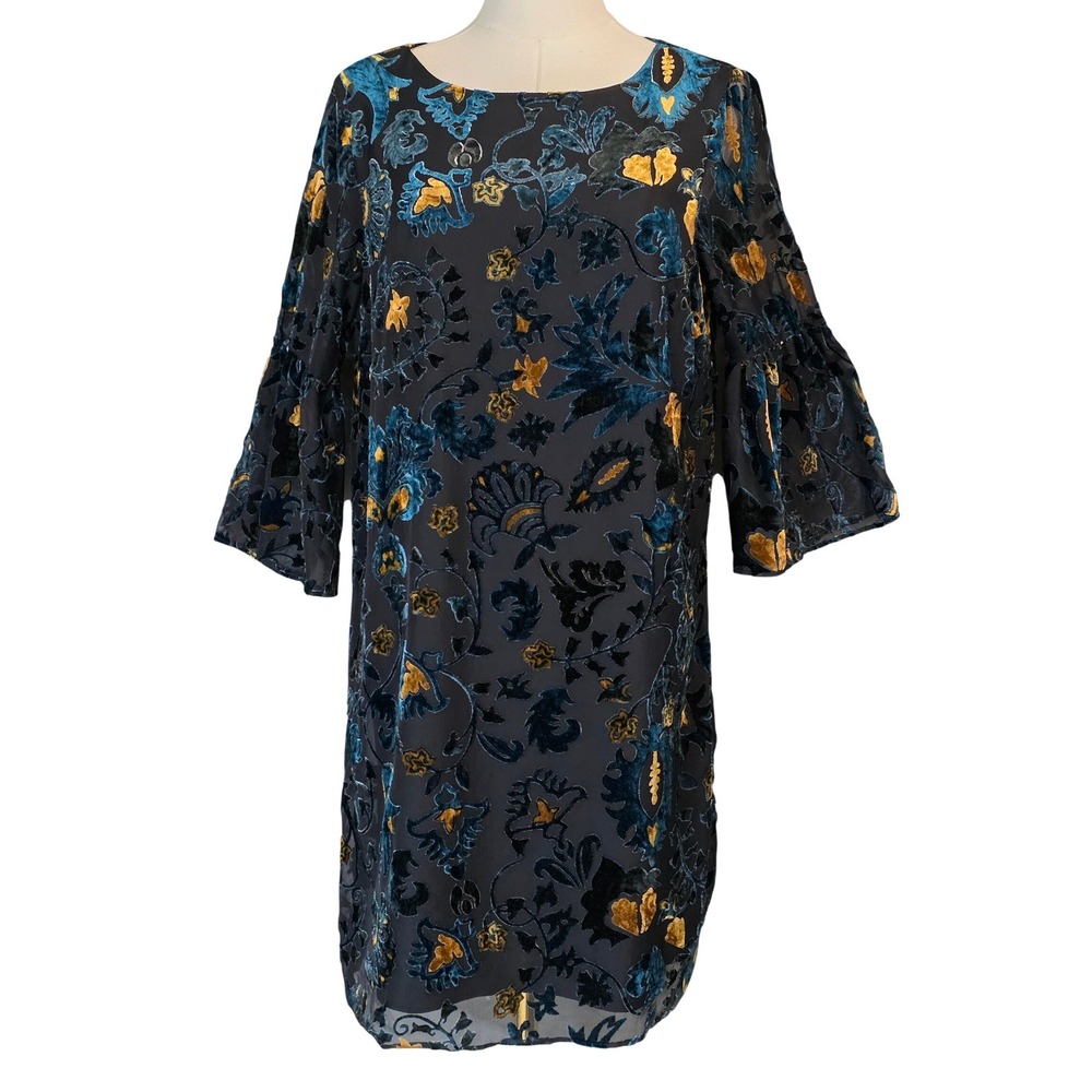 Carolina Belle‎ Floral Burnout Velvet Shift Dress Womens 4 Black Teal Gold